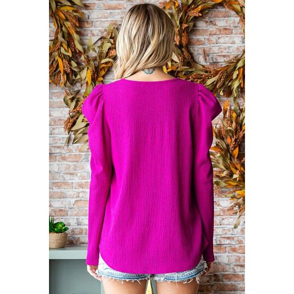 First Love Texture Puff Sleeve Round Neck Blouse