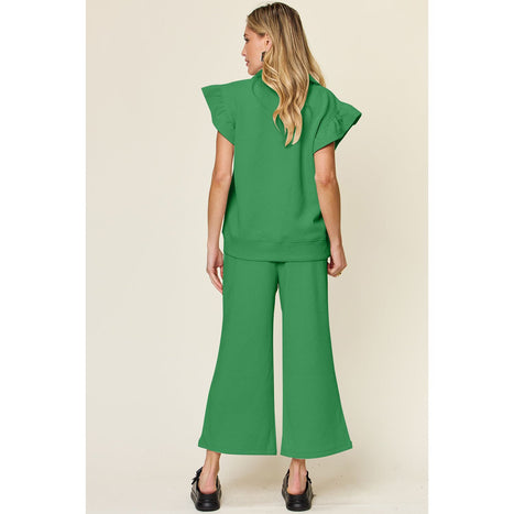 Texture Ruffle Short Sleeve Top and Drawstring Wide Leg Pants Set