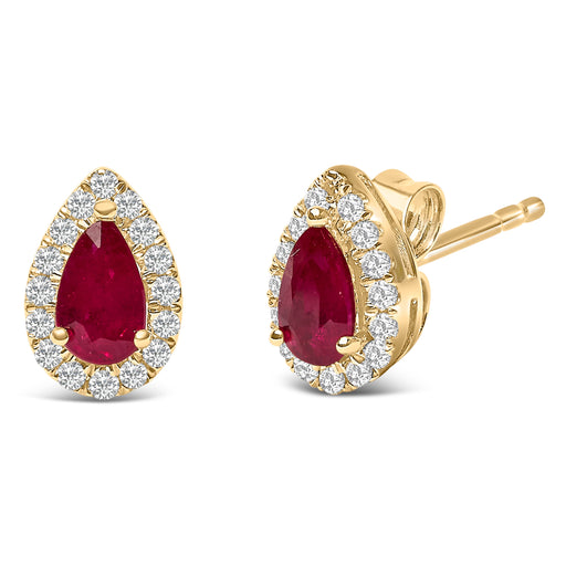 Bids.com 10K Yellow Gold 5X3 MM Pear-Cut Ruby and 1/7 Cttw Diamond Halo Stud Earrings (I-J Color, I1-I2 Clarity) Earrings