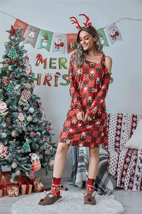 Christmas Asymmetrical Neck Long Sleeve Dress by VYSN