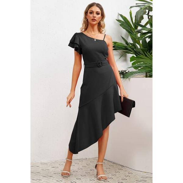 Ruffled Asymmetrical Neck Flutter Sleeve Dress