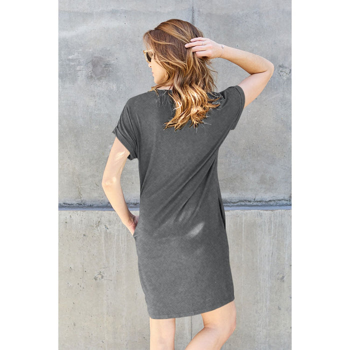 Round Neck Short Sleeve Dress with Pockets