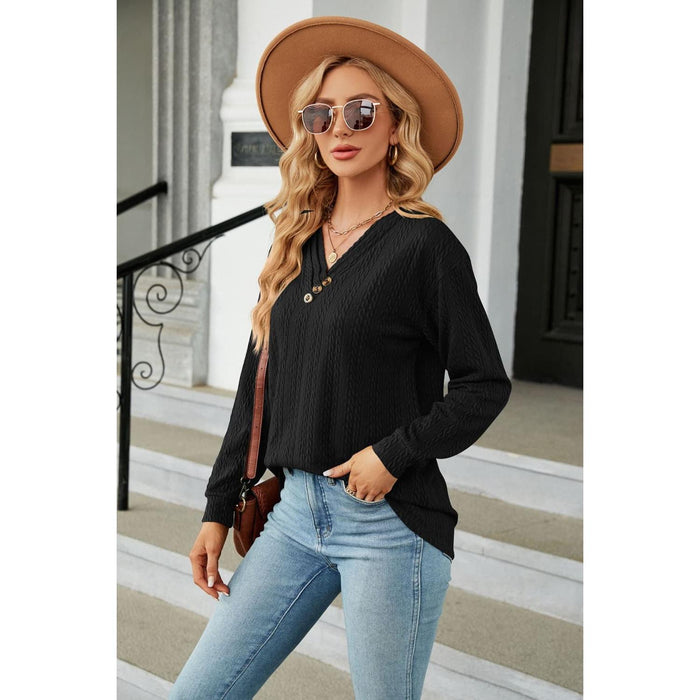 Decorative Button V-Neck Long Sleeve T-Shirt