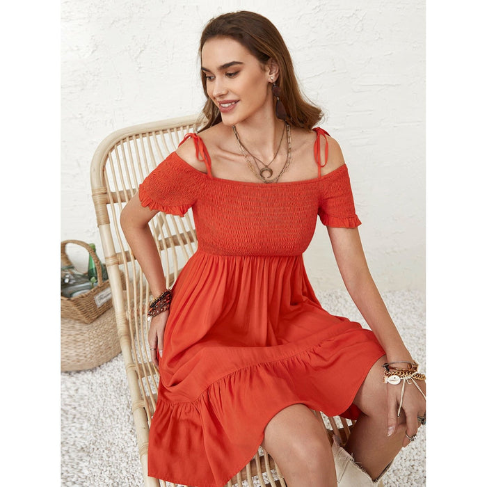 Smocked Spaghetti Strap Short Sleeve Dress