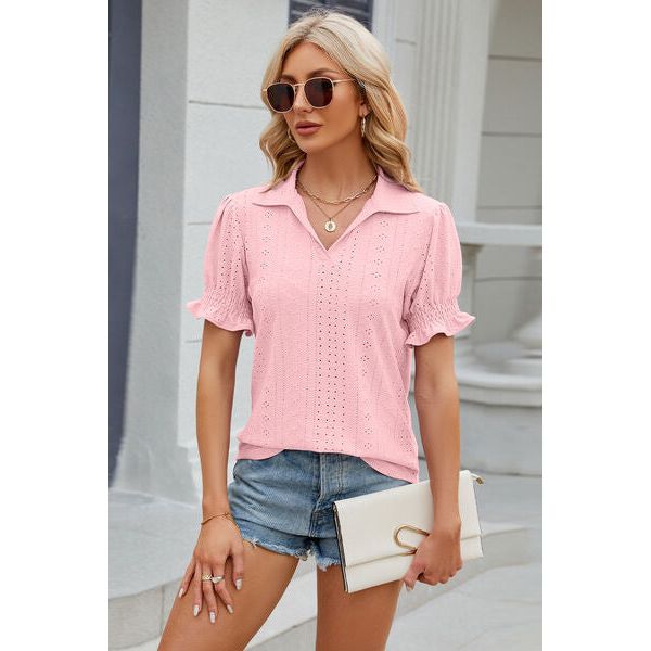 Eyelet Johnny Collar Short Sleeve Blouse