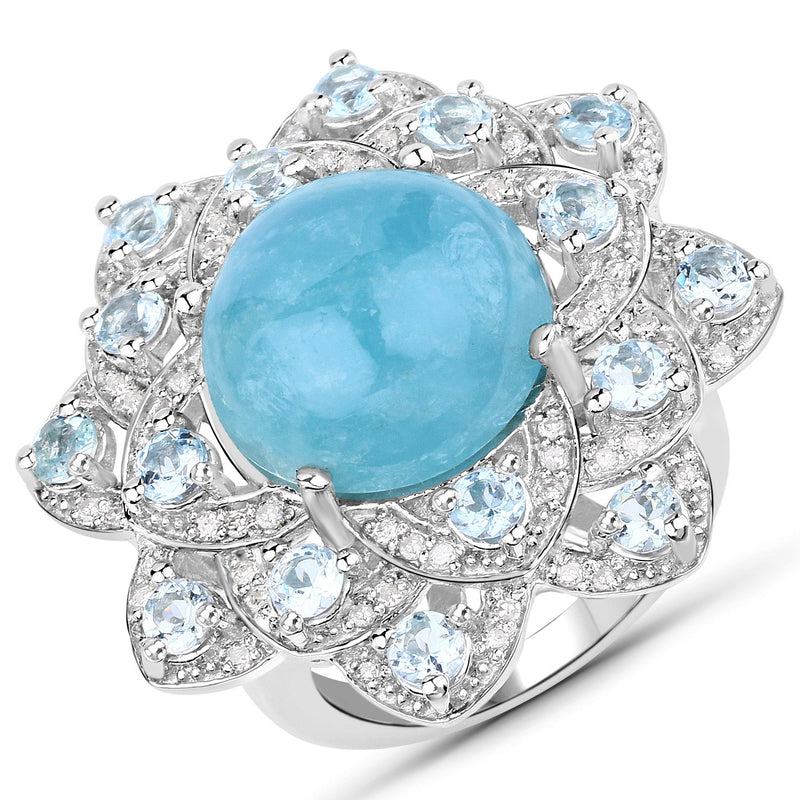 Bids.com 12.72 Carat Genuine Aquamarine and White Diamond .925 Sterling Silver Ring Rings
