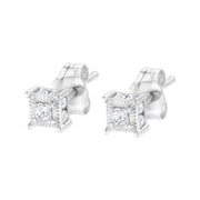 Bids.com .925 Sterling Silver 1/4 Cttw Miracle Set Princess-Cut Diamond Solitaire Stud Earrings with Hidden Halo (I-J Color, SI2-I1 Clarity) Earrings