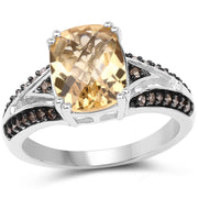 Bids.com 2.79 Carat Genuine Citrine, Champagne Diamond & White Diamond .925 Sterling Silver Ring Rings