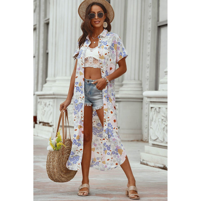 Printed Open Front Short Sleeve Cover-Up