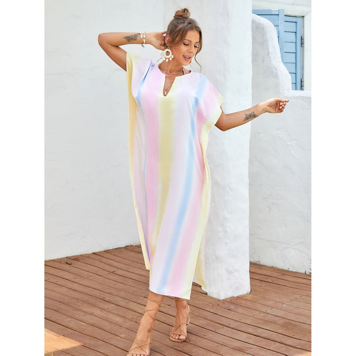 Slit Striped Notched Short Sleeve Cover Up