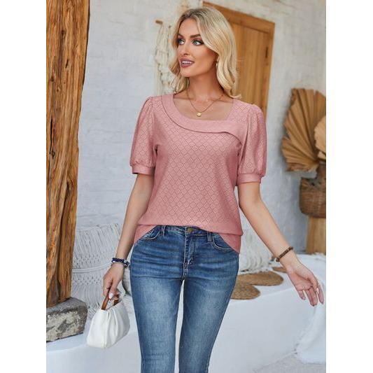 Eyelet Asymmetrical Neck Short Sleeve T-Shirt