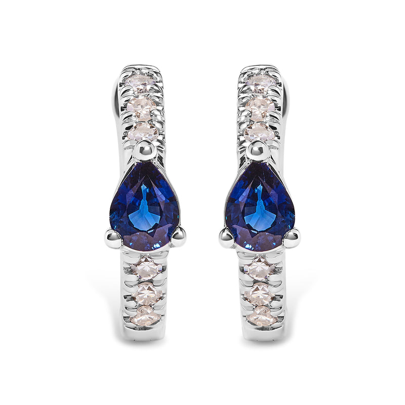 Bids.com 10K White Gold Pear Shaped Blue Sapphire and 1/10 Cttw Diamond Huggy Hoop Earrings (H-I Color, I1-I2 Clarity) Earrings