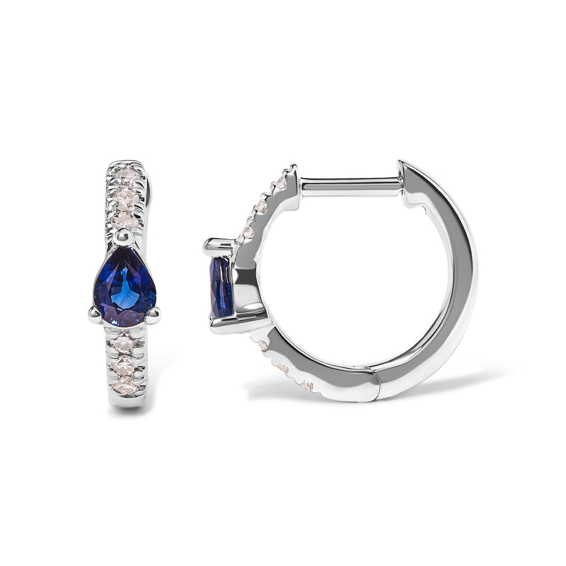 Bids.com 10K White Gold Pear Shaped Blue Sapphire and 1/10 Cttw Diamond Huggy Hoop Earrings (H-I Color, I1-I2 Clarity) Earrings
