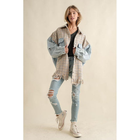 TWEED MIXED DENIM JACKET SHACKET WITH FRINGED HEM