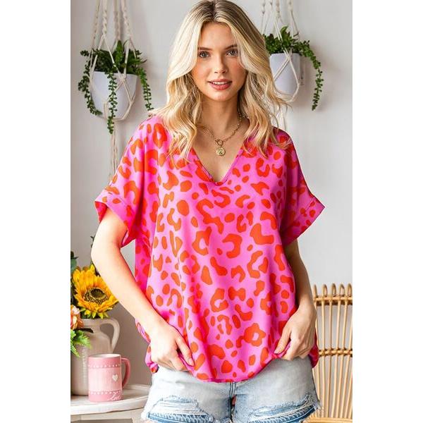 First Love Leopard V-Neck Short Sleeve Woven Top