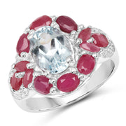 Bids.com 3.54 Carat Genuine Aquamarine, Ruby and White Topaz .925 Sterling Silver Ring Rings