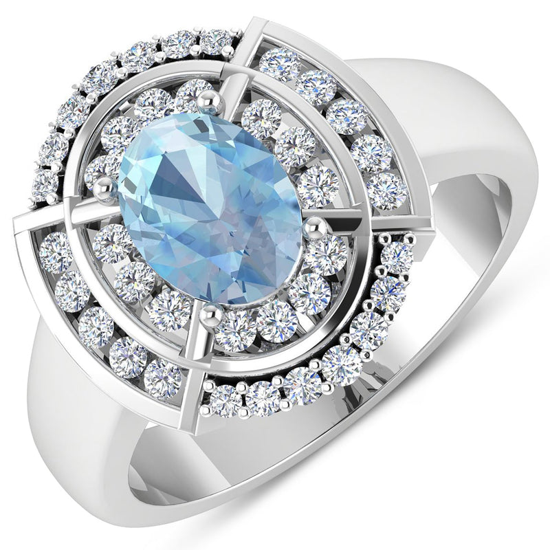 Bids.com 1.57 Carat Genuine Aquamarine and White Diamond 14K White Gold Ring Rings