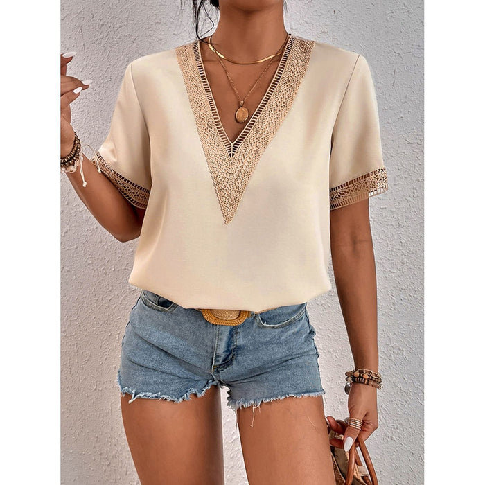 Eyelet V-Neck Short Sleeve T-Shirt