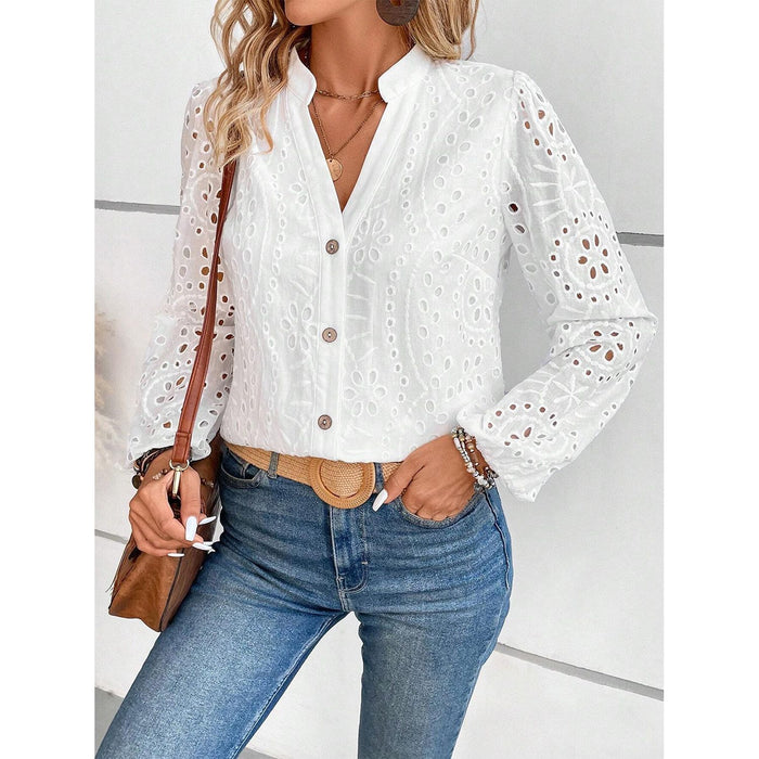 Cutout Notched Long Sleeve Blouse