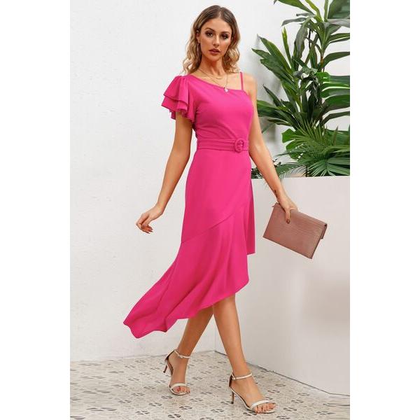 Ruffled Asymmetrical Neck Flutter Sleeve Dress