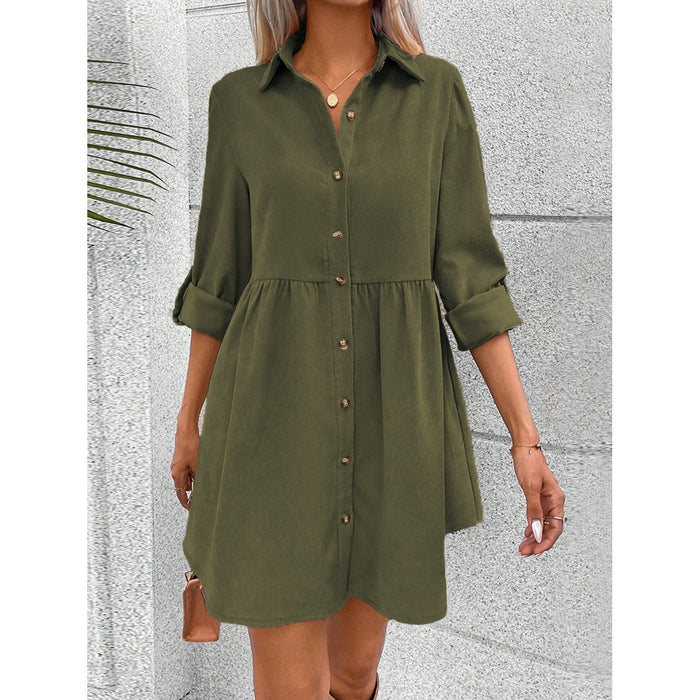 Button Up Collared Neck Long Sleeve Dress