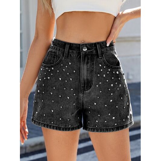 Mill's Beauty Supply Rhinestone Washed High Waist Denim Shorts