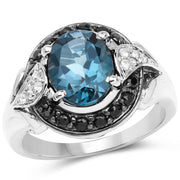 Bids.com 4.27 Carat Genuine London Blue Topaz, Black Spinel & White Topaz .925 Sterling Silver Ring Rings