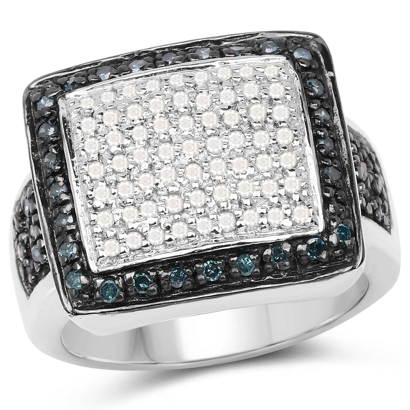Bids.com 0.64 Carat Genuine White Diamond and Blue Diamond .925 Sterling Silver Ring Rings
