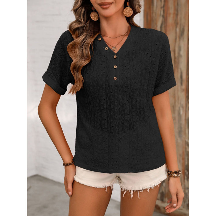 Eyelet V-Neck Short Sleeve Top