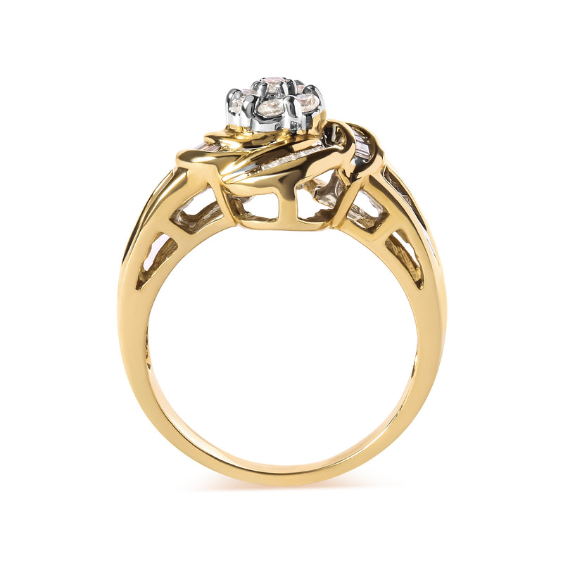 Bids.com 10K Yellow Gold 1/2 Cttw Round and Baguette Diamond Flower Swirl Cocktail Ring (I-J Color, SI2-I1 Clarity) - Ring Size 7 Rings