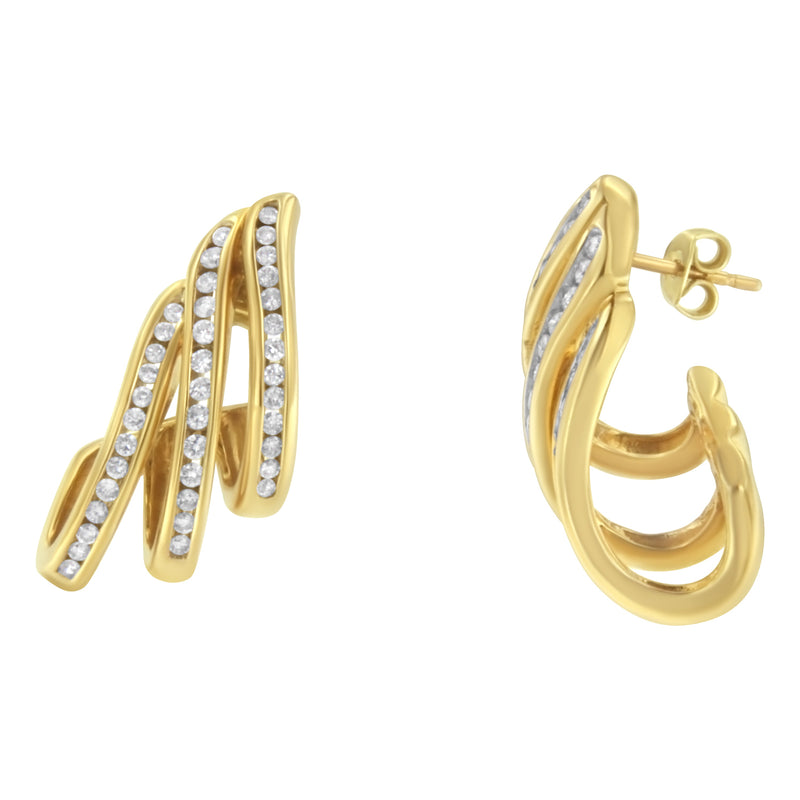 Bids.com 10K Yellow Gold 1.0 Cttw Round Brilliant Cut Diamond Spiral Multi Row Channel Set Open Hoop Pushback Stud Earrings (H-I Color, I1-I2 Clarity) Earrings