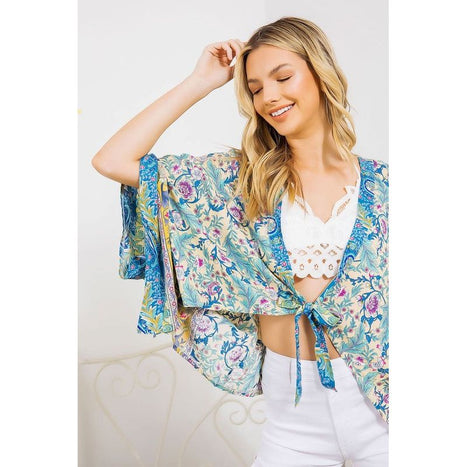 Light Woven Squared Open Kimono Cardigan With Tie