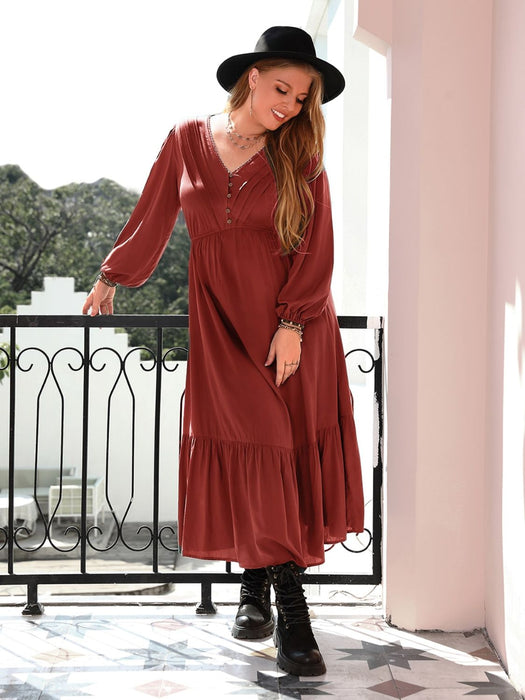 Quarter Button V-Neck Long Sleeve Dress