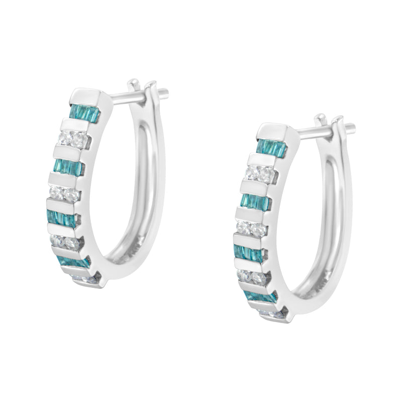 Bids.com 10k White Gold Round and Blue Baguette 1/2 cttw Diamond Hoop Earrings (I-J Color, I2-I3 Clarity) Earrings