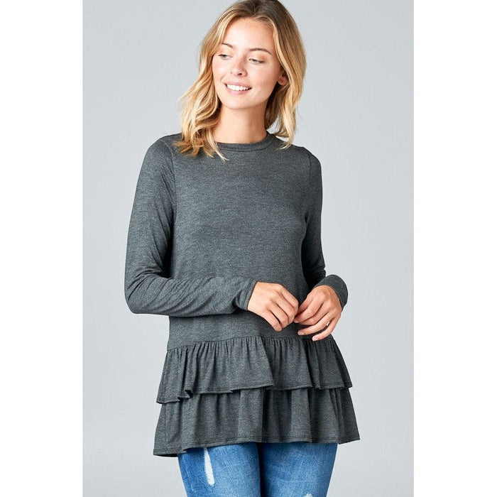 RUFFLE BOTTOM LONG SLEEVE ROUND NECK TUNIC TOP