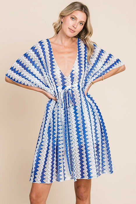 Tied Striped Plunge Half Sleeve Cover-Up