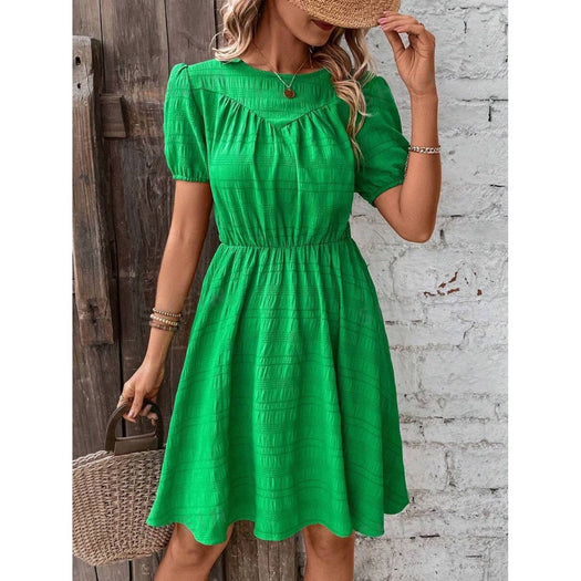 Ruched Round Neck Short Sleeve Mini Dress