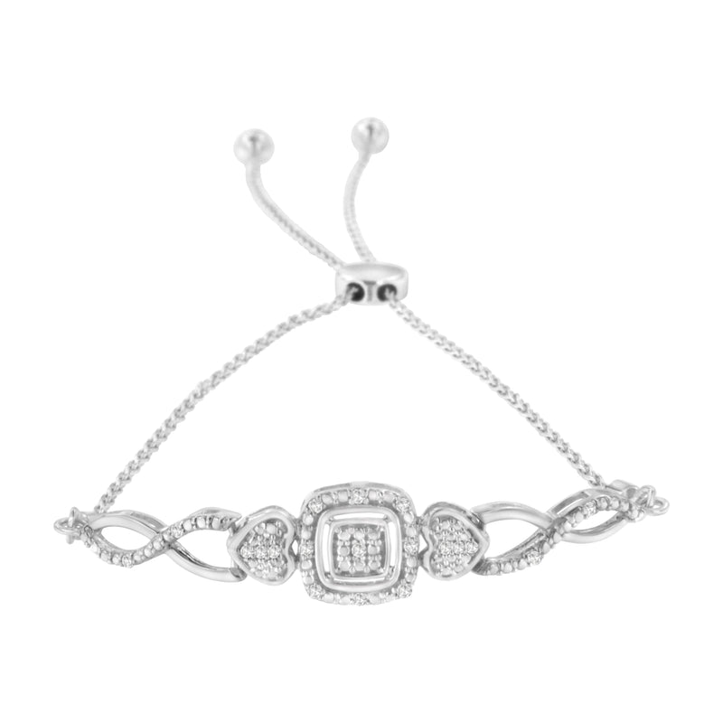 Bids.com .925 Sterling Silver Diamond Cushion Frame Heart-Sides Twist 4â€-10â€ Adjustable Bolo Tennis Bolo Bracelet (I-J Color, I3 Clarity) Bracelets
