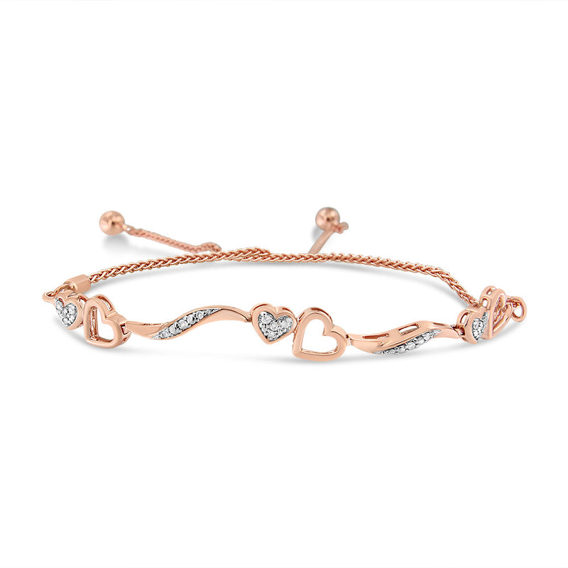 Bids.com 14K Rose Gold Plated .925 Sterling Silver 1/10 Cttw Diamond Wave and Hearts 4â€-10â€ Adjustable Bolo Bracelet (I-J Color, I3 Clarity) Bracelets
