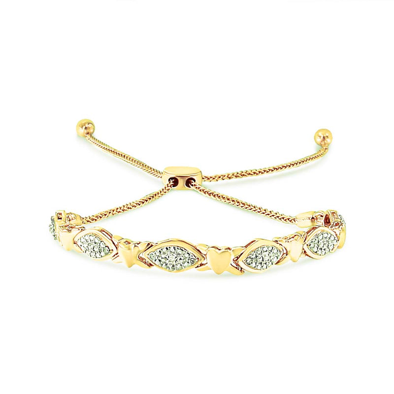 Bids.com 14K Yellow Gold Plated .925 Sterling Silver Diamond Accent Alternating Marquise Shape and Heart Links Bolo Bracelet (I-J Color, I3 Clarity) - Adjustable 6" to 9" Bracelets
