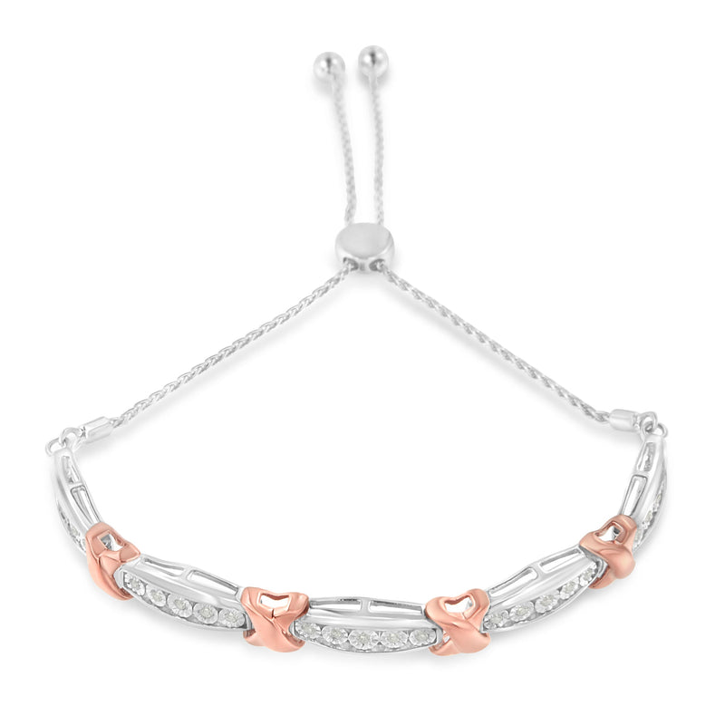Bids.com .925 Sterling Silver 1/4 Cttw Round-Cut Diamond X & Tapered Bar Miracle-Set Bolo Bracelet (I-J Color, I3 Clarity) - Two Tone Rose Gold & Silver Bracelets