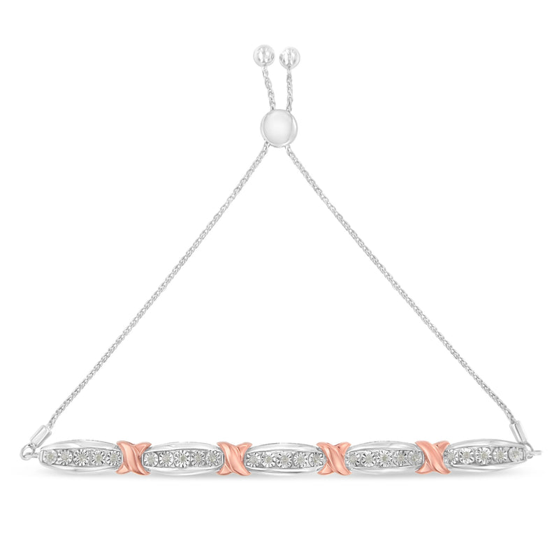Bids.com .925 Sterling Silver 1/4 Cttw Round-Cut Diamond X & Tapered Bar Miracle-Set Bolo Bracelet (I-J Color, I3 Clarity) - Two Tone Rose Gold & Silver Bracelets