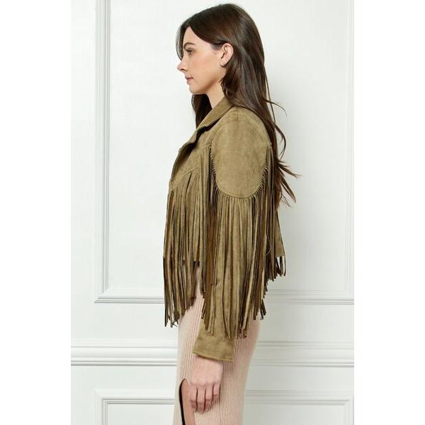 Veveret Suede Fringe Long Sleeve Moto Jacket