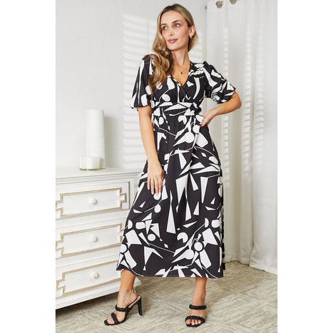 Double Take Printed Surplice Balloon Sleeve Dress