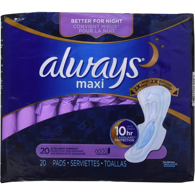 Always Always Maxi Pads Size 5 Extra Heavy Overnight with Wings, 20 Count Feminine Pads & Protectors Midnight Blue