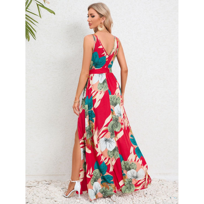 Slit Tied Printed Surplice Dress