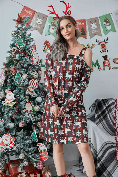 Christmas Asymmetrical Neck Long Sleeve Dress by VYSN