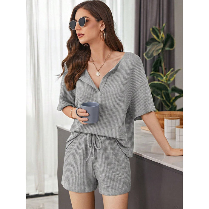 Waffle-Knit Dropped Shoulder Top and Shorts Set