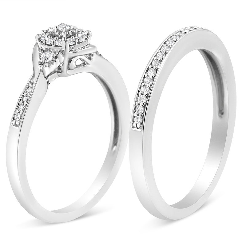 Bids.com .925 Sterling Silver 1/4 Cttw Diamond Halo and Swirl Engagement Ring and Wedding Band Set (I-J Color, I3 Clarity)- Ring Size 7 Rings