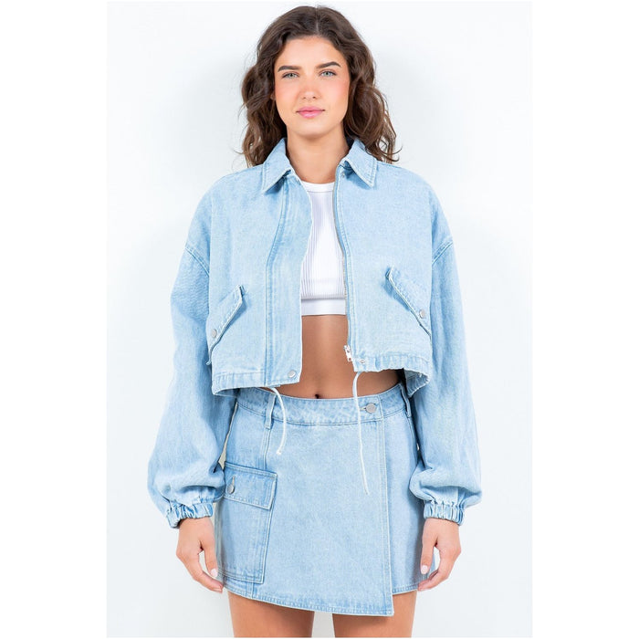 American Bazi Drawstring Waist Crop Denim Jacket